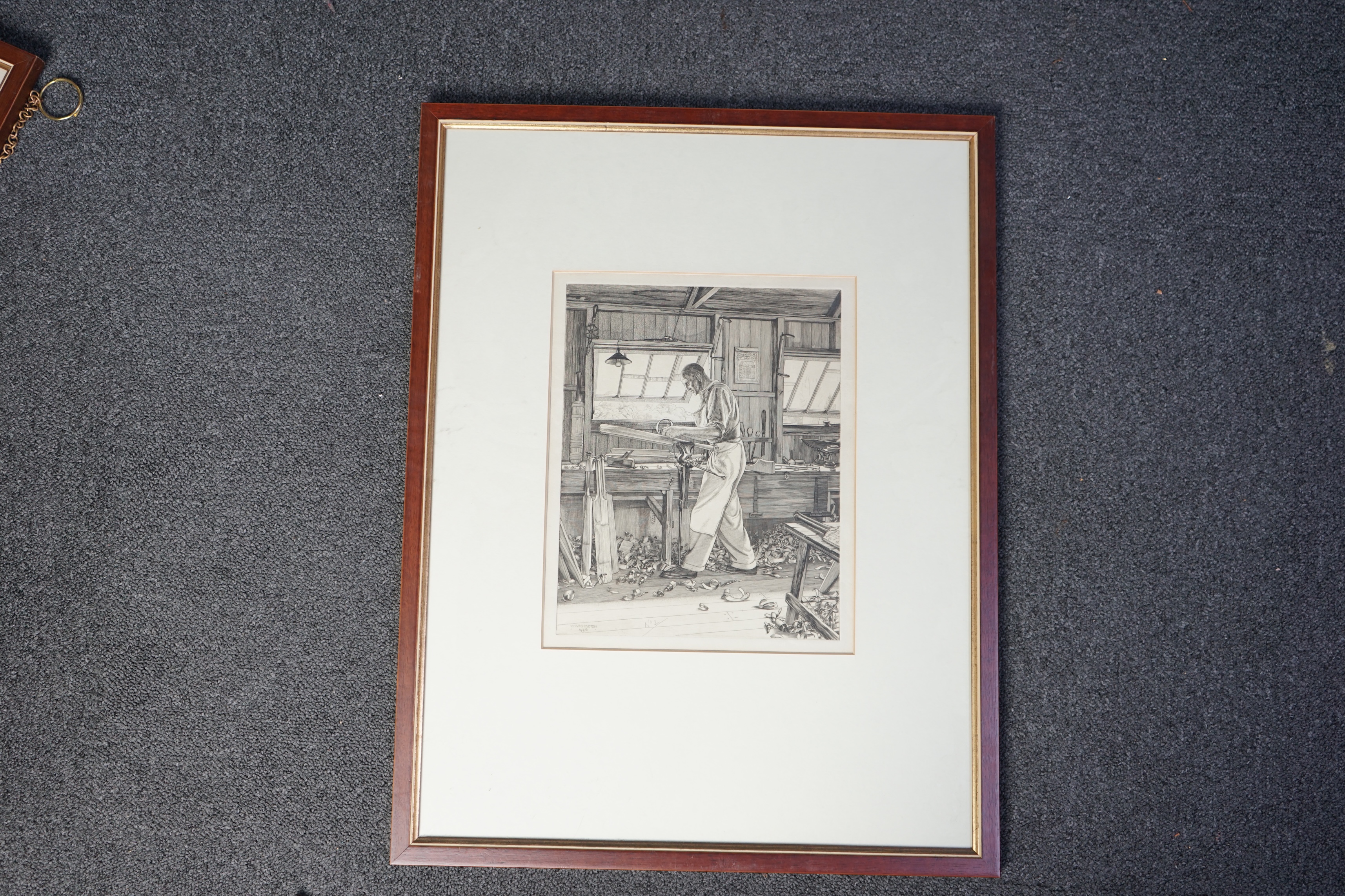 William Washington (English, 1885-1956), The Cricket Bat Maker, drypoint etching, 27.5 x 21.5cm